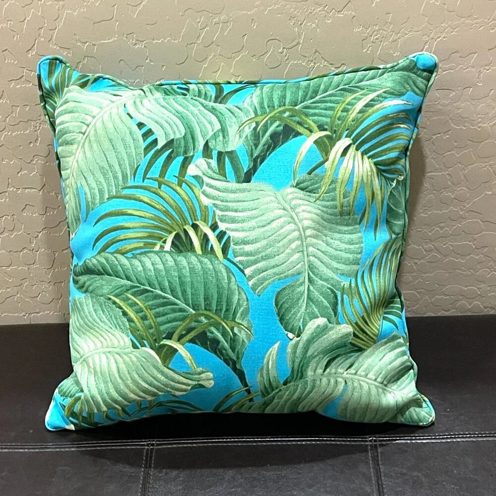 Tropical Vibe Indoor Outdoor Turquoise Blue Green Palm Leaf Throw Pillow Square